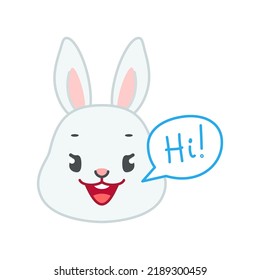 Cute bunny say "Hi!". Flat cartoon illustration of a funny little gray rabbit with speech bubble waving its paw hello isolated on a white background. Vector 10 EPS.