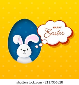 Cute Bunny Saying Happy Easter In Paper Cut Oval Shape On Yellow And Blue Bokeh Background.
