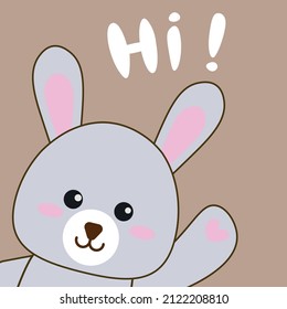 the cute bunny says hello. An image for a children's postcard, holiday invitations, greetings, decoration of a children's room. Flat style illustration for cover design, notebooks, mugs