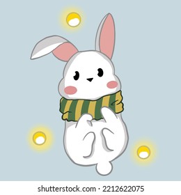 cute bunny in a scarf around him with lights christmas illustration happy new year
