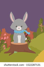 cute bunny with scarf on trunk field hello autumn vector illustration
