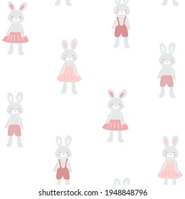Cute Bunny Seamless Pattern, Boy and Girl Bunnies Cute Kids Illustration Pattern