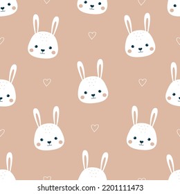 Cute bunny seamless pattern. Cartoon rabbit and heart on pink background. Funny kids print. Baby design in Boho style. Wall art of the nursery. Ideal for fabric, packaging, baby shower.