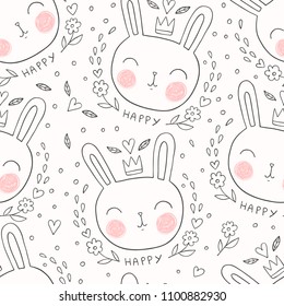 Cute Bunny Seamless Pattern. Cute Children's Background With Animals.