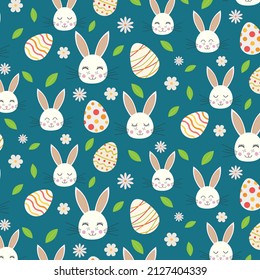 Cute Bunny seamless pattern with easter eggs, flowers and leaves on teal background. perfect for greeting cards, gifts wrapping paper and kids textile 