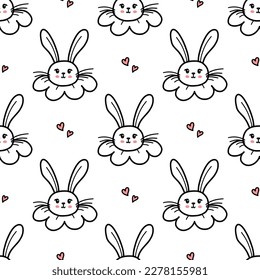 Cute bunny seamless pattern. Hand drawn doodle rabbit face and hearts vector wallpaper. Happy Easter banner background.
