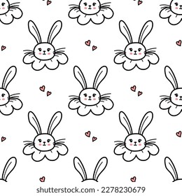 Cute bunny seamless pattern. Hand drawn doodle rabbit face and hearts vector wallpaper.
