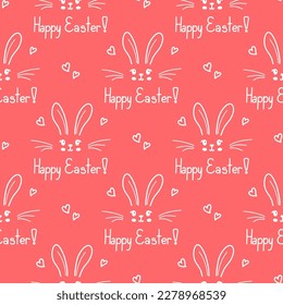 Cute bunny seamless pattern. Hand drawn doodle rabbit face and hearts vector wallpaper.