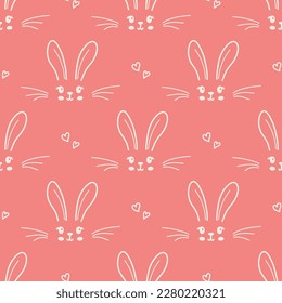 Cute bunny seamless pattern. Hand drawn doodle rabbit face and hearts vector wallpaper.