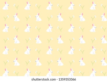 Cute bunny seamless pattern. Illustration of funny Easter bunnies with Easter eggs and spring flower. Pastel color eggs Easter background for textile, fabric, covers, scrap booking, wallpapers, print