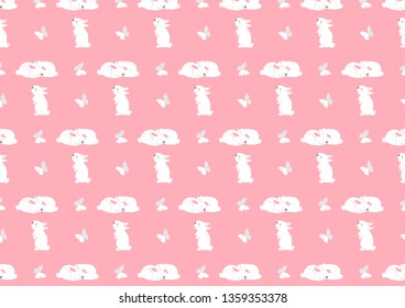 Cute bunny seamless pattern. Illustration of funny Easter bunnies with Easter eggs and spring flower. Pastel color eggs Easter background for textile, fabric, covers, scrap booking, wallpapers, print