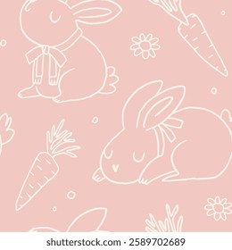 Cute bunny seamless pattern illustration. Adorable farm animal, cottagecore line art style, happy easter. Childish print, kids textile, nursery decor. Hand drawn vector doodle, pink background