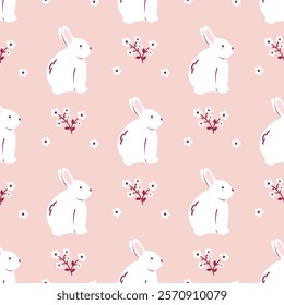 A cute bunny seamless pattern on the pink background. Vector