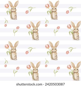 Cute bunny seamless pattern. Watercolor rabbit with tulip. Vector backgrounds in pastel colors