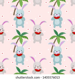 Cute bunny seamless pattern with watermelon. Summer time