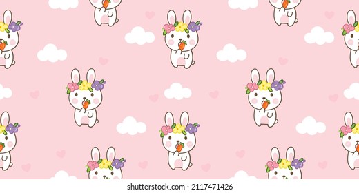 Cute bunny seamless rabbit easter: Wallpaper Animal pattern vector kawaii character (flat Girly doodles). Perfect Nursery children, kids, greeting card, baby shower girl, fabric design, Print t shirt.