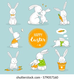 Cute bunny set. Easter greeting card, hand drawn illustration.