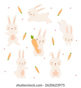 Cute bunny set in flat cartoon design. Bundle of playful and joyful rabbits in different poses like sitting, standing, jumping, running, hold carrot. Spring Easter hares. Vector illustration isolated.