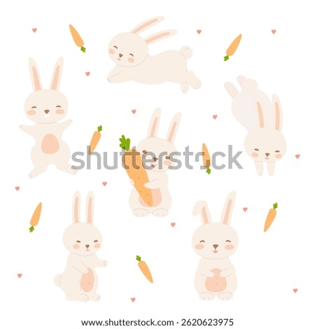 Cute bunny set in flat cartoon design. Bundle of playful and joyful rabbits in different poses like sitting, standing, jumping, running, hold carrot. Spring Easter hares. Vector illustration isolated.