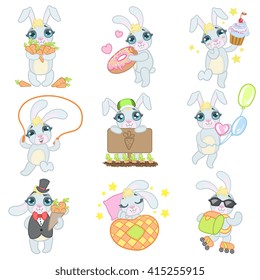 Cute Bunny Set Of Flat Outlined Girly Vector Design Drawings Isolated On White Background
