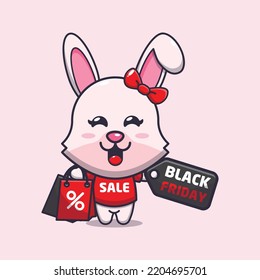 cute bunny with shopping bag in black friday cartoon illustration
