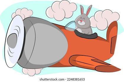 A cute bunny shows a master class, perform various tricks in the sky on his orange plane