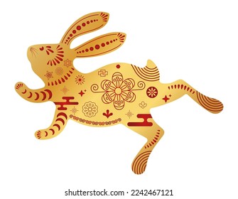 Cute bunny silhouette. Rabbit icon. Zodiac animals with traditional Chinese pattern. Happy Chinese New Year. Spring Festival and Easter holiday decoration. Paper cut flat vector illustration.