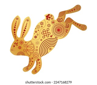 Hübsche Silhouette. Kaninchensymbol. Zodiac-Tiere mit traditionellem chinesischen Muster. Frohes chinesisches Neujahr. Frühlingsfestival und Osterurlaubsdekoration. Papierschnitt, flache Vektorgrafik.