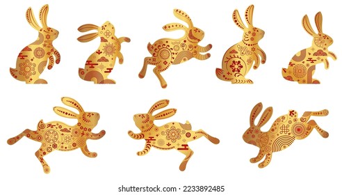 Cute bunny silhouettes set. Rabbit icon. Zodiac animals with traditional Chinese pattern. Happy Chinese New Year. Spring Festival and Easter holiday decoration. Paper cut flat vector illustration.