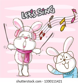 Cute Bunny singing. Little Bunny illustration. Bunny  Rabbit cartoon. animal character vector-vector