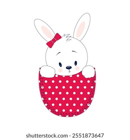 cute bunny sit in pocket, little rabbit, hare looking out, flat vector illustration for fashion prints and children, baby nursery design, easter print