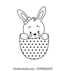 cute bunny sit in pocket, little rabbit, outline flat vector illustration for fashion prints and children nursery design, easter print