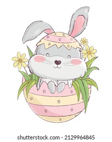 A cute cute bunny sits in an egg with flowers and smiles. Happy easter. Vector illustration.
