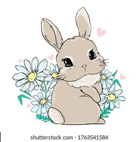 Cute Bunny sits in flowers, daisies. Print for children's textiles, poster design, nursery. Fluffy rabbit tail. Vector illustration stock.