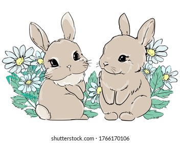 Cute Bunny sits in flowers, daisies. Print for children's textiles, poster design, nursery. Fluffy rabbit tail. Vector illustration stock.