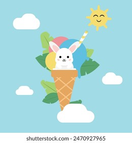 A cute bunny sits in an ice cream cone on a sunny summer day, surrounded by colorful scoops and clouds