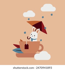 A cute bunny sits in a teacup under an umbrella with raindrops falling, creating a cozy autumn scene