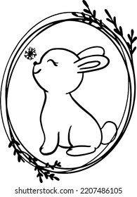 cute bunny sits and waits for a snowflake in a frame with twigs black lines