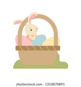Cute Bunny Sitting in Basket Full of Decorated Eggs, Happy Easter, Design Element for Greeting Card, Invitation, Poster, Banner Vector Illustration