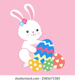 A cute bunny sitting and collecting Easter eggs, ideal for invitations and holiday cards.