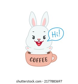 Cute bunny sitting in a cup. Flat cartoon illustration of a funny little rabbit with coffee mug and speech bubble "Hi!" isolated on a white background. Vector 10 EPS.
