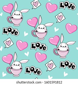 Cute bunny sitting in a cup in kawaii style and the inscription love on a blue background. Romantic seamless pattern. Animals illustration for valentines day