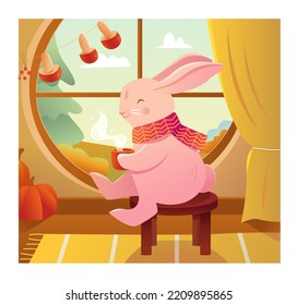 Cute bunny sitting and drinking tea. Autumn character. Сozy atmosphere. Seasonal vector illustration in cartoon style.