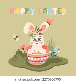 Cute bunny sitting in festive dyed Easter egg. Comic rabbit with floral wreath on head surrounding lawn. Vector cartoon flat illustration for greeting card, religious holiday, holiday, banner 