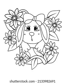 Cute bunny sitting in a flower pot, Easter character  illustration for coloring book