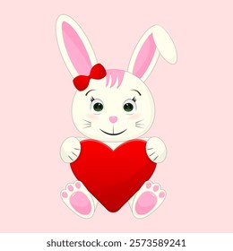 Cute Bunny sitting with heart. Cartoon rabbit for greeting cards. Concept for Valentines Day, Anniversary, Birthday. Vector illustration isolated on pink background.