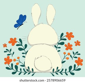 A cute bunny sitting with his back watching a butterfly. Vector illustration.