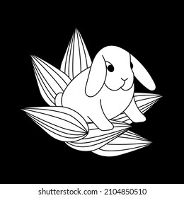 Un lindo conejito está sentado en las hojas. Ilustración de la Pascua vectorial. Blanco y negro dibujado por la mano