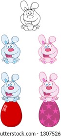 Cute Bunny Sitting On An Easter Egg. Vector Collection