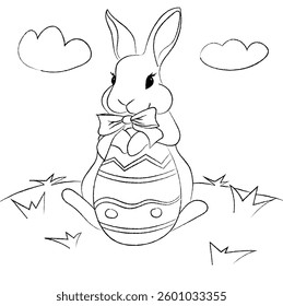 Cute bunny sitting on hill hugging a decorated Easter egg cartoon character coloring page vector illustration for kids